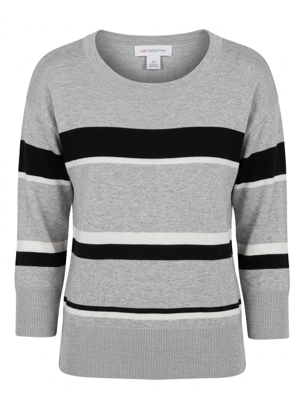 Liz Claiborne Gray, Black & White Striped Scoop Neck Sweater